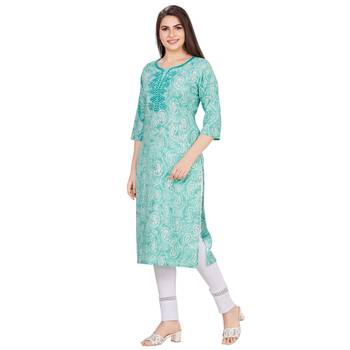 Light-blue embroidered rayon long-kurtis 3