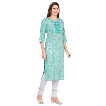 Light-blue embroidered rayon long-kurtis 4
