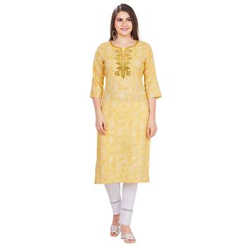 Yellow embroidered rayon long-kurtis 1