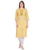 Yellow embroidered rayon long-kurtis