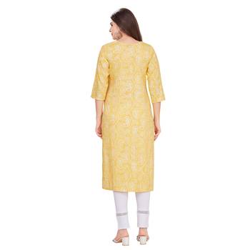 Yellow embroidered rayon long-kurtis 2