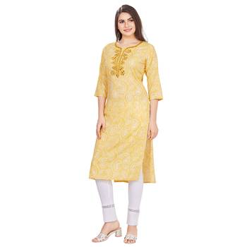 Yellow embroidered rayon long-kurtis 3