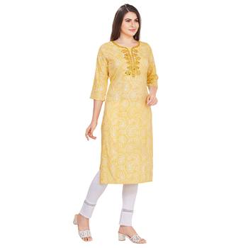 Yellow embroidered rayon long-kurtis 4
