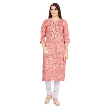 Pink embroidered rayon long-kurtis 1