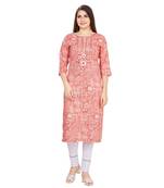 Pink embroidered rayon long-kurtis