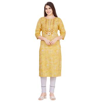 Yellow embroidered rayon long-kurtis 1