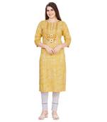 Yellow embroidered rayon long-kurtis