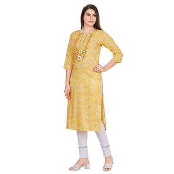 Yellow embroidered rayon long-kurtis 3
