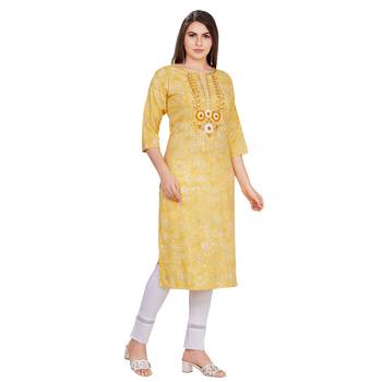 Yellow embroidered rayon long-kurtis 4