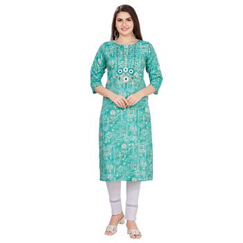 Light-blue embroidered rayon long-kurtis 1