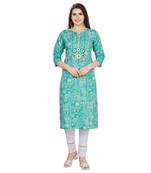 Light-blue embroidered rayon long-kurtis
