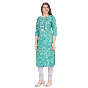 Light-blue embroidered rayon long-kurtis 3