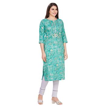 Light-blue embroidered rayon long-kurtis 4