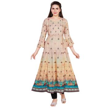 Beige printed rayon long-kurtis 1