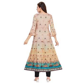 Beige printed rayon long-kurtis 2