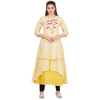 Yellow embroidered rayon long-kurtis 1