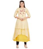 Yellow embroidered rayon long-kurtis