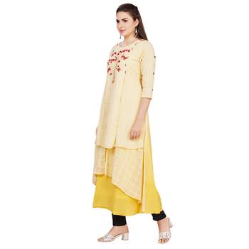 Yellow embroidered rayon long-kurtis 3