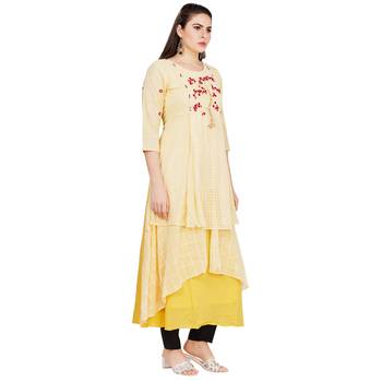 Yellow embroidered rayon long-kurtis 4