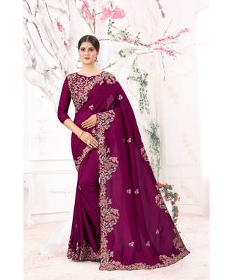 purple embroidered silk blend saree with blouse with blouse 1