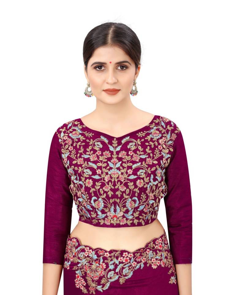 purple embroidered silk blend saree with blouse with blouse