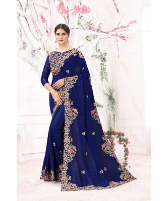 blue embroidered silk blend saree with blouse 1