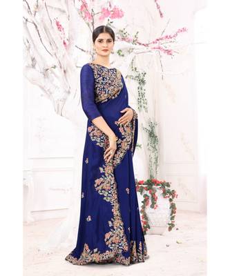 blue embroidered silk blend saree with blouse 2