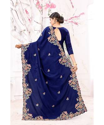 blue embroidered silk blend saree with blouse 3