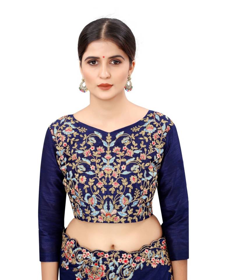 blue embroidered silk blend saree with blouse