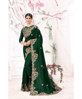 green embroidered silk blend saree with blouse 1