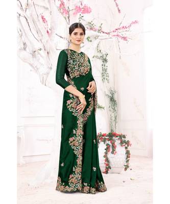 green embroidered silk blend saree with blouse 2
