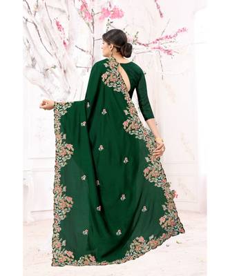 green embroidered silk blend saree with blouse 3