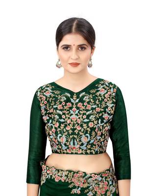 green embroidered silk blend saree with blouse 4