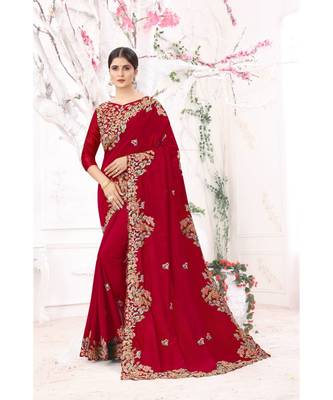red embroidered silk blend saree with blouse 1