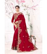 red embroidered silk blend saree with blouse