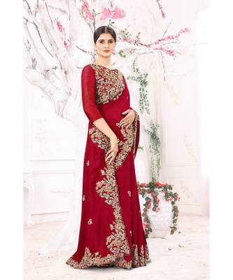 red embroidered silk blend saree with blouse 2