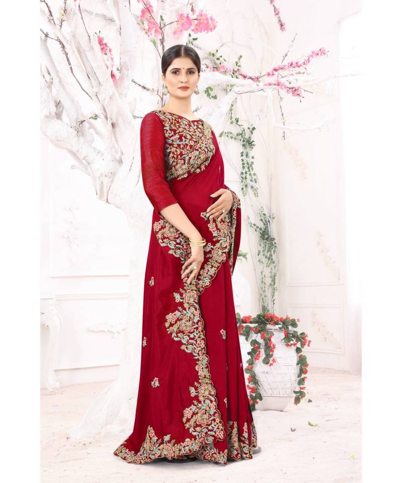 red embroidered silk blend saree with blouse