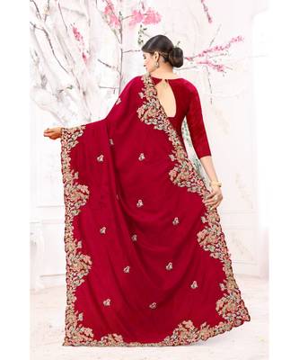 red embroidered silk blend saree with blouse 3