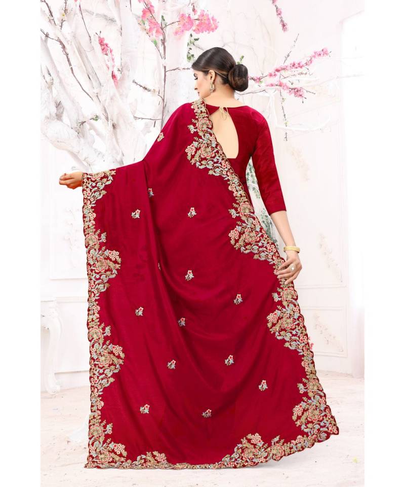 red embroidered silk blend saree with blouse