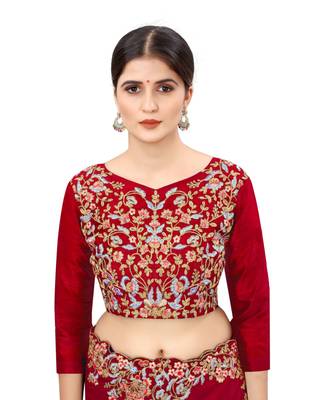 red embroidered silk blend saree with blouse 4