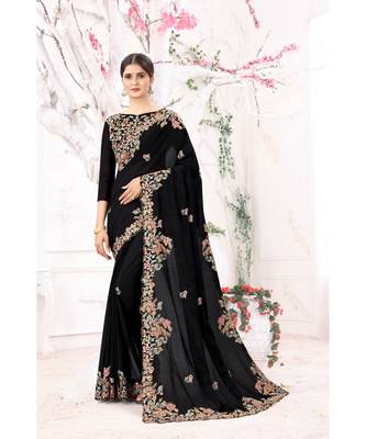 black embroidered silk blend saree with blouse 1
