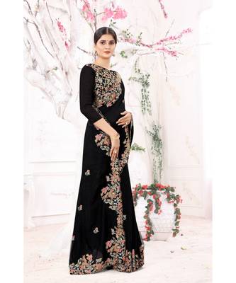black embroidered silk blend saree with blouse 2