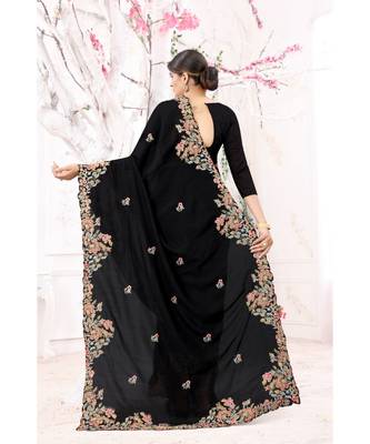 black embroidered silk blend saree with blouse 3