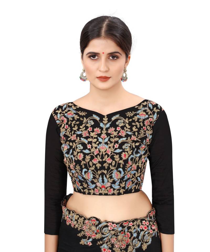 black embroidered silk blend saree with blouse
