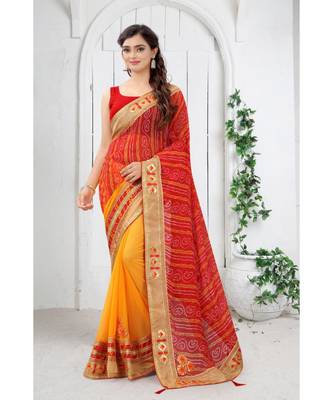 Yellow printed georgette bandhej saree with blouse 1