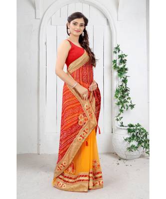 Yellow printed georgette bandhej saree with blouse 2