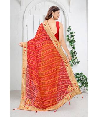 Yellow printed georgette bandhej saree with blouse 3