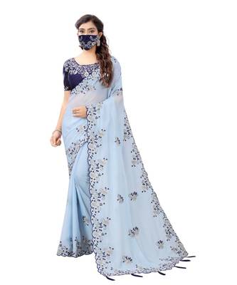turquoise embroidered silk blend saree with blouse 1