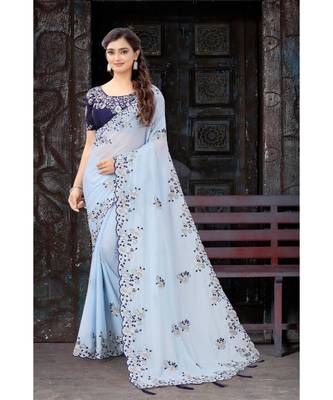 turquoise embroidered silk blend saree with blouse 2