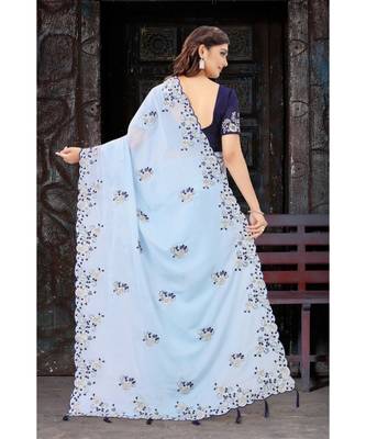 turquoise embroidered silk blend saree with blouse 3